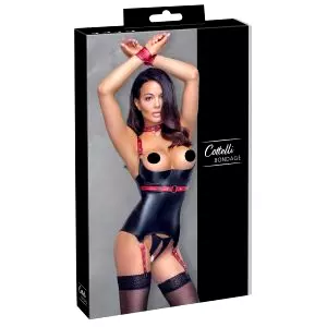 Bondage - Lesklý zdvíhač pŕs s obojkom (čierny)