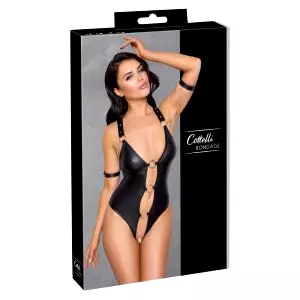 Bondage - lesklé otvorené body s krúžkami (čierne)