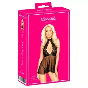 Bozkávateľné - čipkované babydoll šaty s nákrčníkom (čierne)