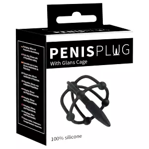 Penisplug - silikónová klietka na žaluď s uretrálnym kužeľom (čierna)
