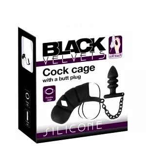 Black Velvet - silikónová klietka na penis s análnym plugom (čierna)