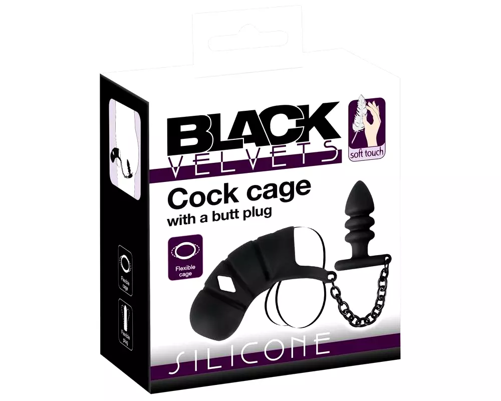 Black Velvet - silikónová klietka na penis s análnym plugom (čierna) Black Velvet - silikónová klietka na penis s análnym plugom (čierna)