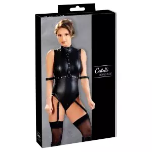 Bondage - lesklé body bez rukávov a manžety na ruky (čierne)