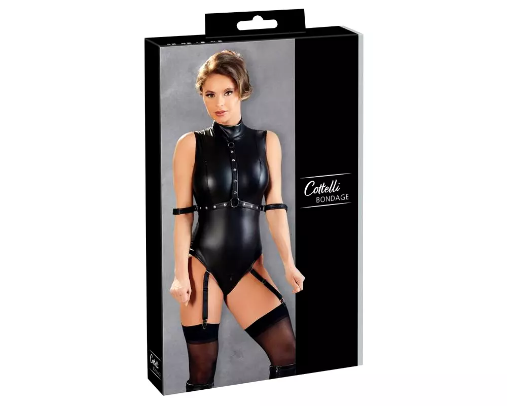 Bondage - lesklé body bez rukávov a manžety na ruky (čierne) Bondage - lesklé body bez rukávov a manžety na ruky (čierne)
