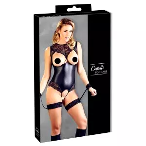 Bondage - Lesklé body s otvorom a putami (čierne)