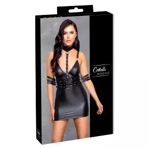 Bondage - lesklé minišaty s nákrčníkom (čierne)
