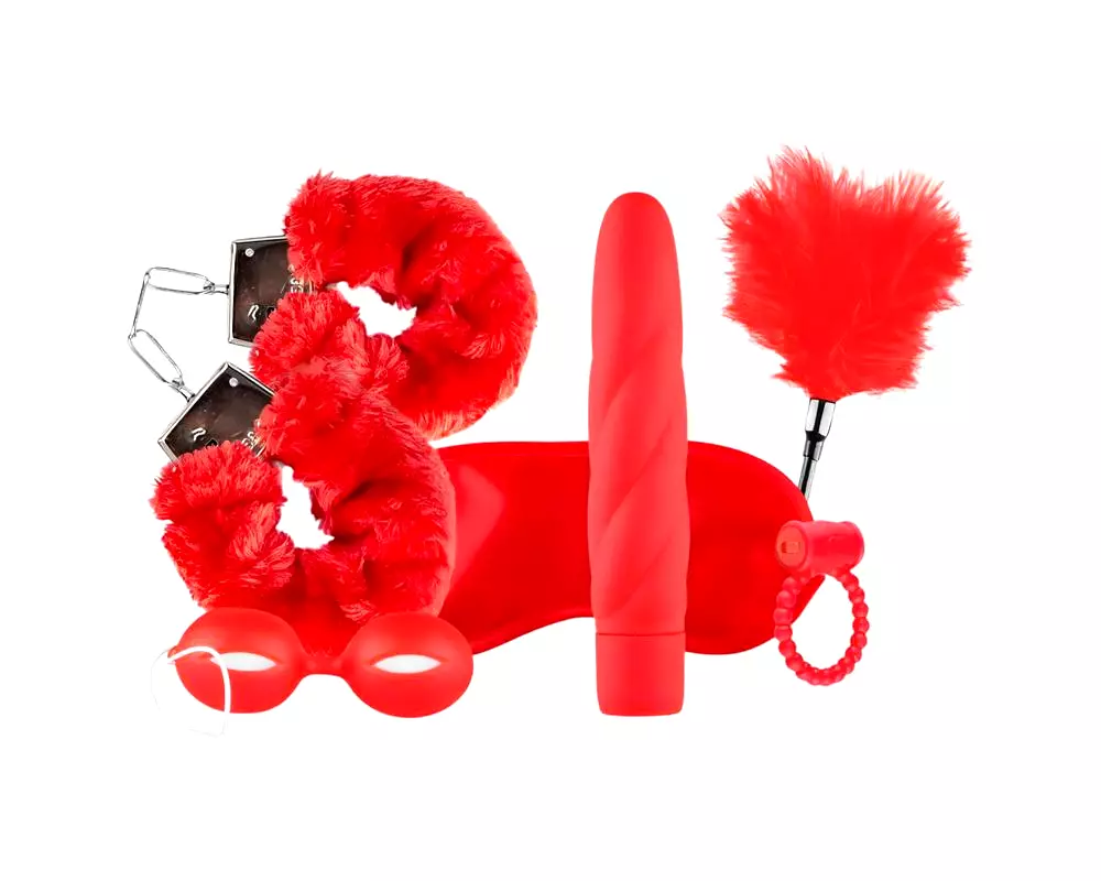 Milujem Červenú - vibračný bondage set (6-dielny) - červený Milujem Červenú - vibračný bondage set (6-dielny) - červený
