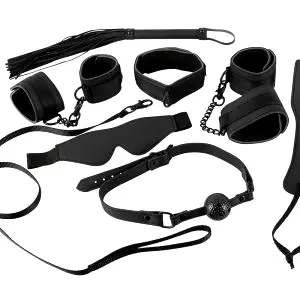 Kožený set na bondage na suchý zips (8 dielov) - čierny