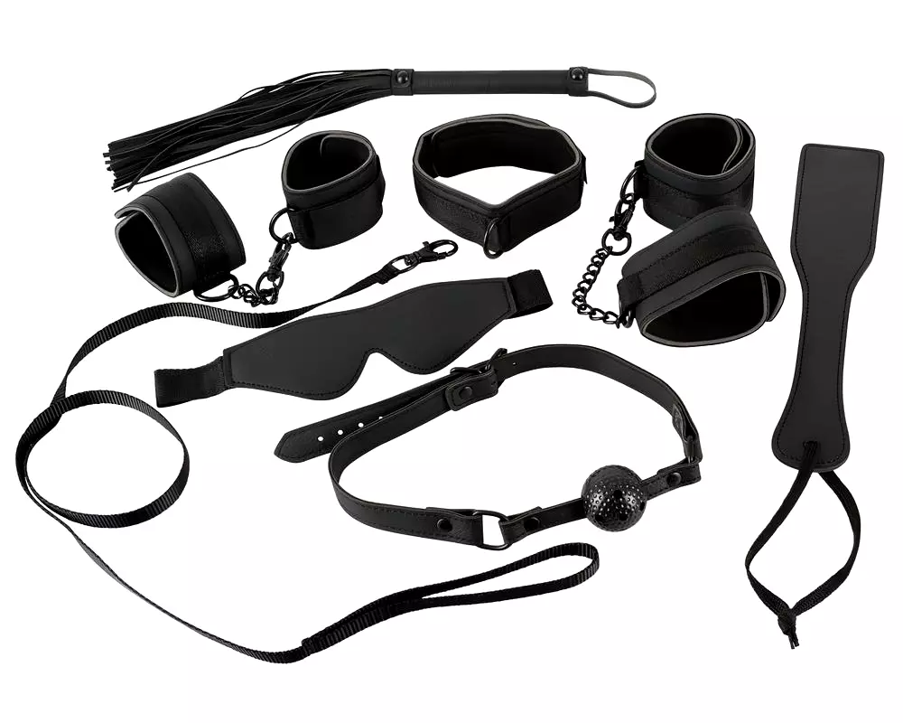 Kožený set na bondage na suchý zips (8 dielov) - čierny Kožený set na bondage na suchý zips (8 dielov) - čierny