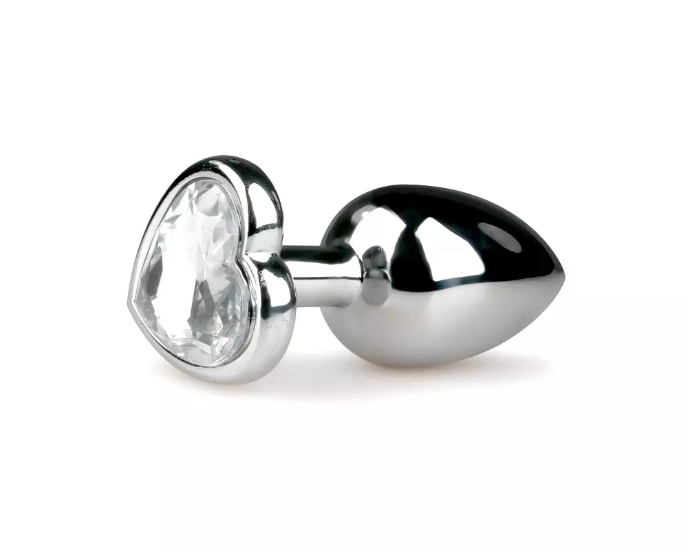 Metal No.2 - análny kolík so srdcovým kameňom (strieborný-biely) Metal No.2 - análny kolík so srdcovým kameňom (strieborný-biely)