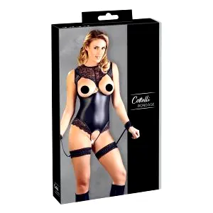 Bondage - Lesklé body s otvorom a putami (čierne) - M
