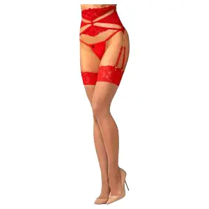 Obsessive Matildea čipkované samodržiace pančuchy (červené) L/XL
