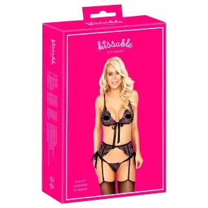 Bozkávateľný - ružovo-fialová výšivka podprsenka set (čierna) - L/XL
