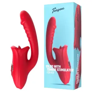 Vibračné dildo s jazýčkovým klitorálnym stimulátorom (červené)