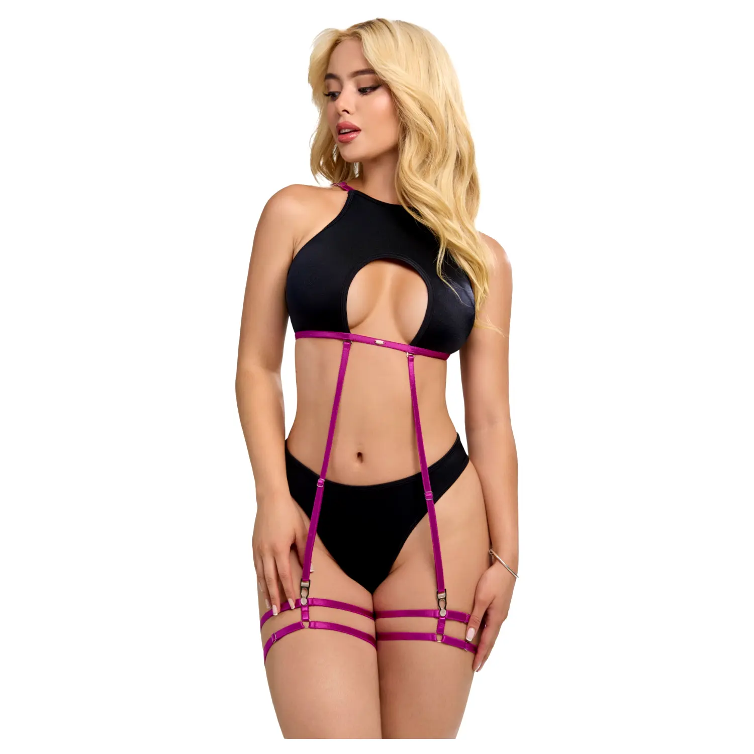 Zôf Zara top s výrezmi a tangá s podväzkovými pásikmi (čierne) Zôf Zara top s výrezmi a tangá s podväzkovými pásikmi (čierne)